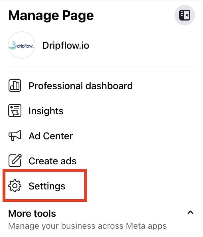 Facebook Manage Page menu with Settings highlighted