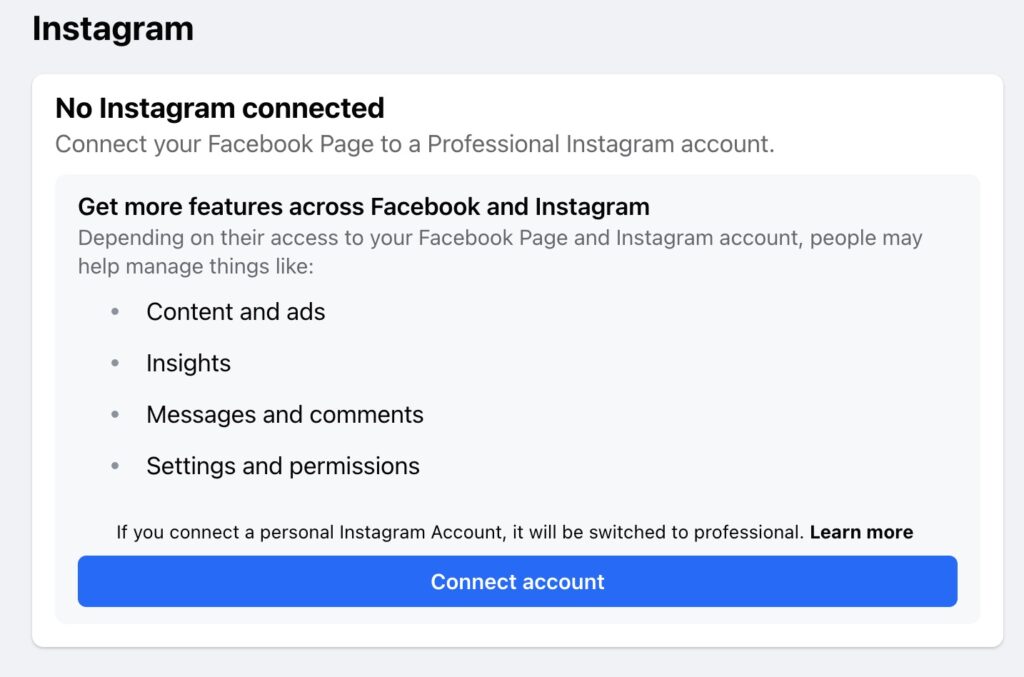 Facebook page Instagram settings with the Connect account button