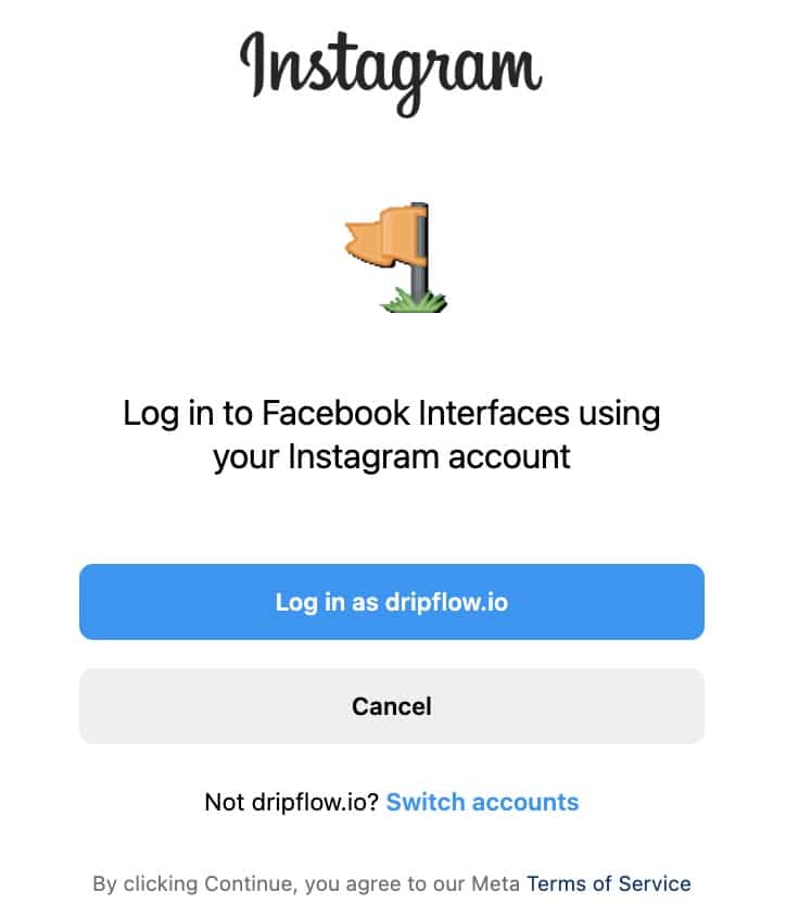 Instagram prompt to log in to Facebook using the Instagram account