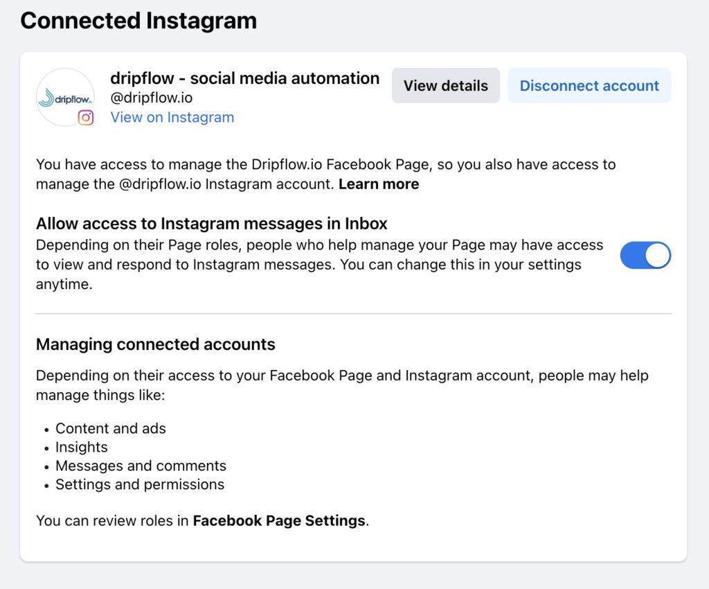 Facebook page settings showing the Dripflow Instagram account connected