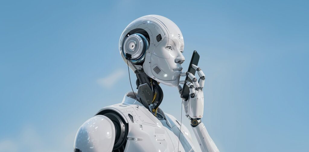 A humanoid robot holding a phone to its ear