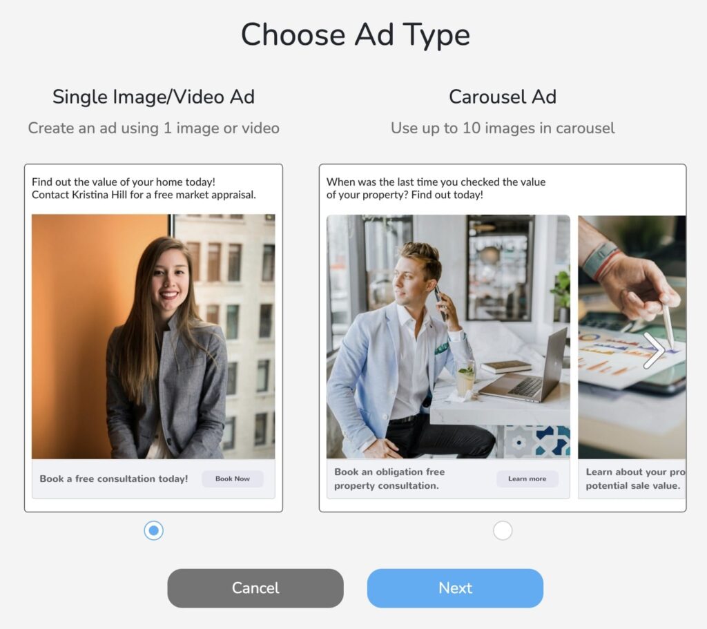 Choosing a single image or carousel ad type for a custom lead ad offering a free appraisal