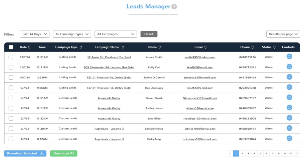 The Dripflow leads manager, listing each lead’s campaign, name, email and phone