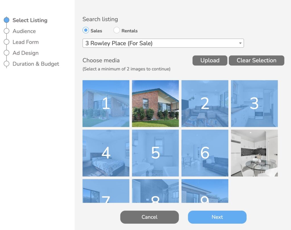 Setting up a listing lead ad in Dripflow by selecting a listing and its photos