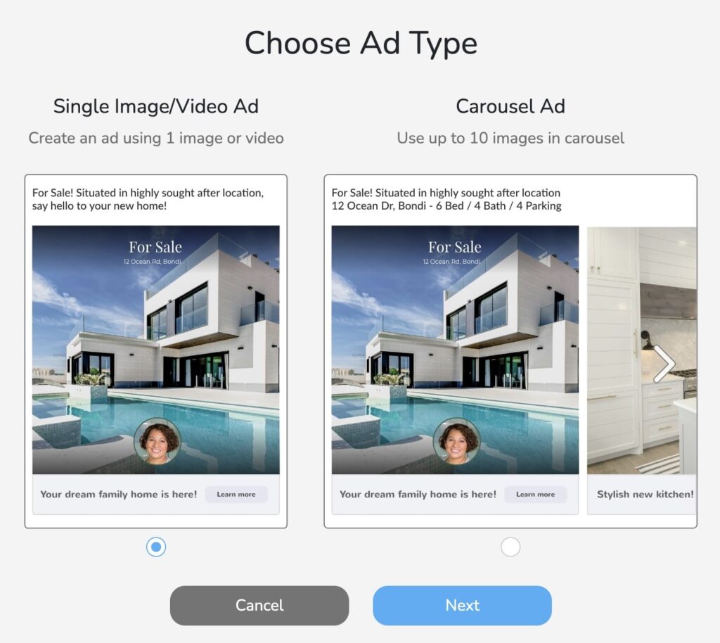 Choosing a single image or carousel ad type for a listing lead ad