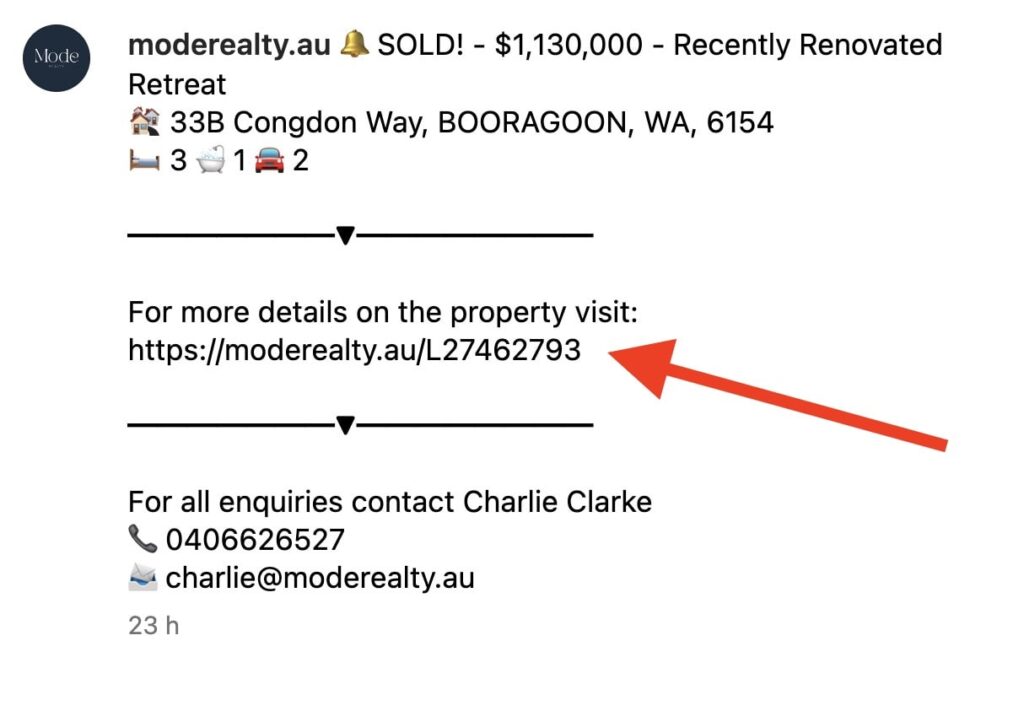Facebook listing post with an arrow pointing to the link for more property details