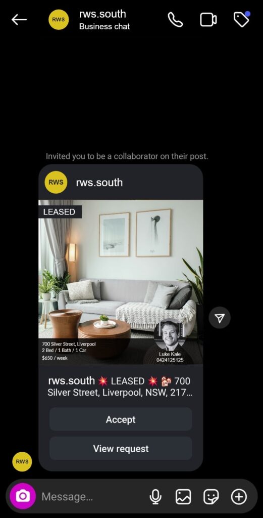Instagram message inviting an account to collaborate on a leased listing post